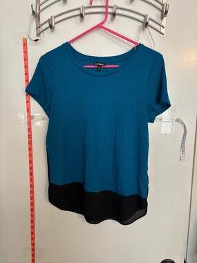 Express Short Sleeve Teal Ribbed Knit Top with Sheer y2k Colorblock Hem